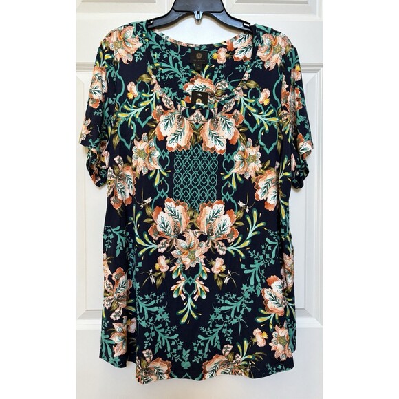 JM COLLECTION WOMENS TOPS FLORAL PULLOVER SHORT SLEEVE CREW NECK KNIT MULTICOLOR - Picture 2 of 7